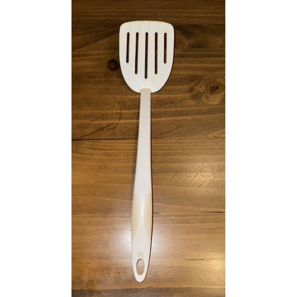 Vintage Melamine Slotted Spatula White 5 Slot Smooth Handle 12